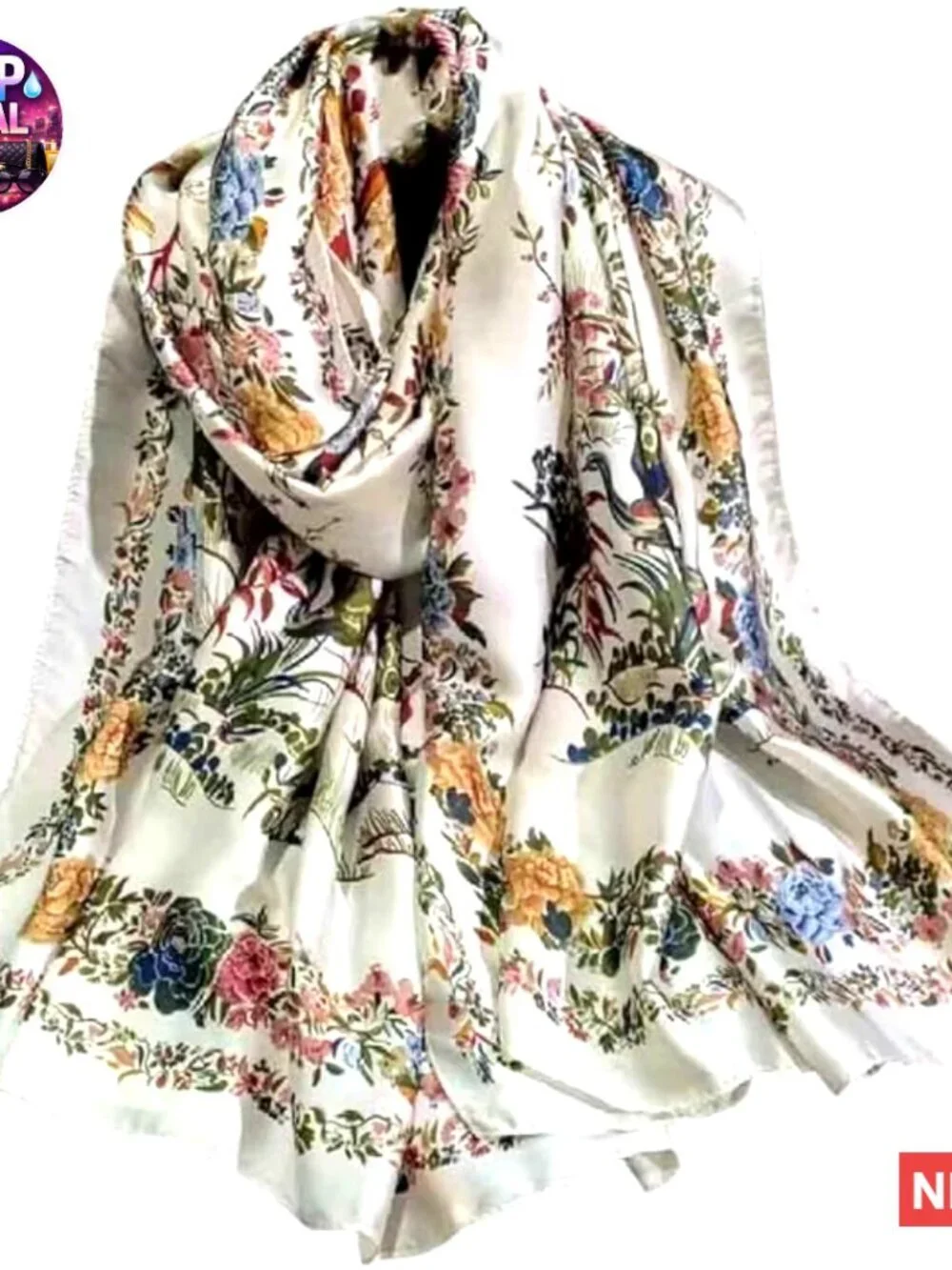 Polyester Silk Feeling Scarf Long Lightweight Shawl Floral Pattern